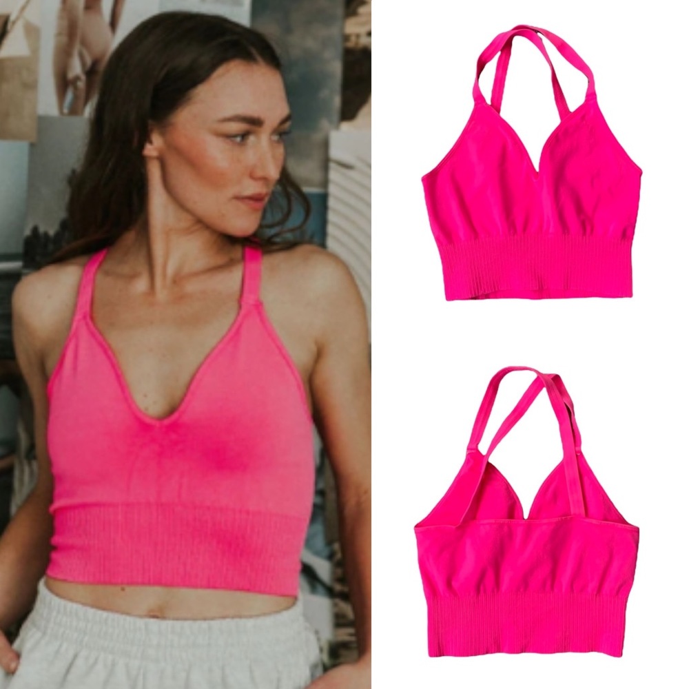 Free People Hot Pink Ribbed V-Neck Cropped Sports Bra